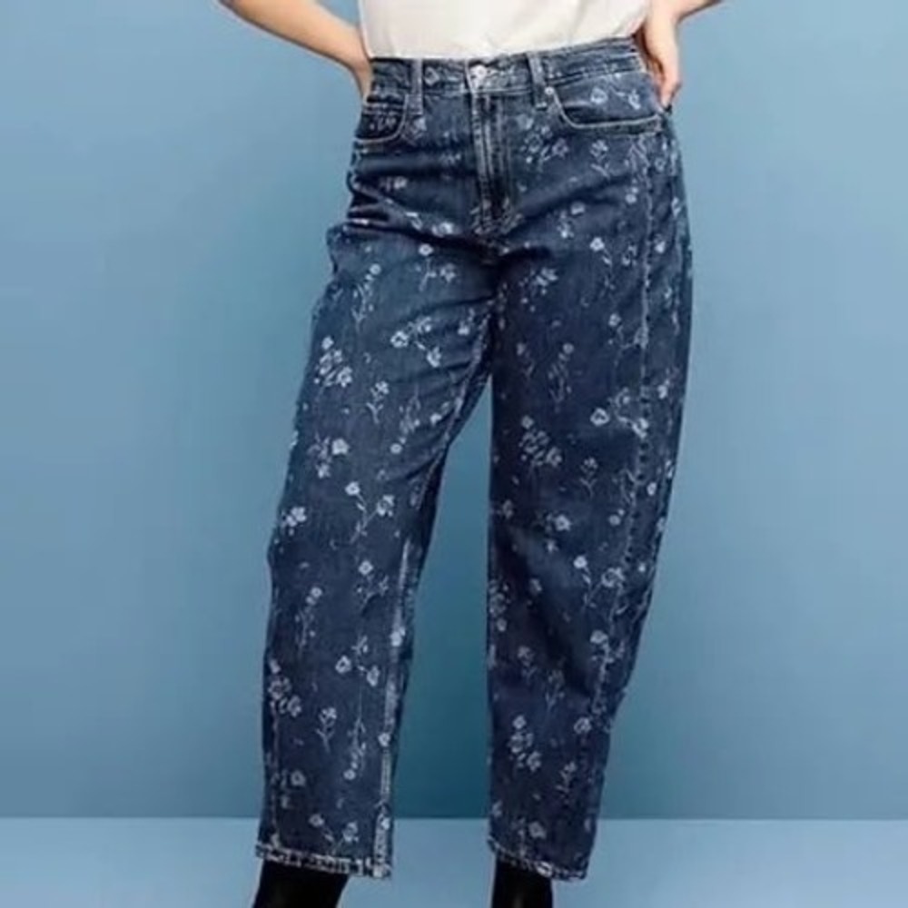 Old Navy Womens High Rise Barrel Leg Floral Print Denim Jeans Blue Indigo Sz 20